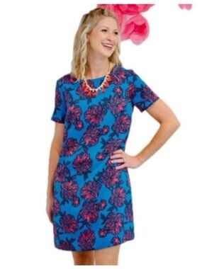 J.Crew Blue Pink Floral Shift Dress Size 0 Short Sleeve Mini Lined Polyester